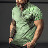 Men's Tiger Printed Zipper Short Sleeve Polo Shirt 12927407YY