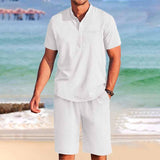 Men's 2 Piece Linen Short Sleeve Henley Shirts and Shorts Yoga Sets 71902899YY
