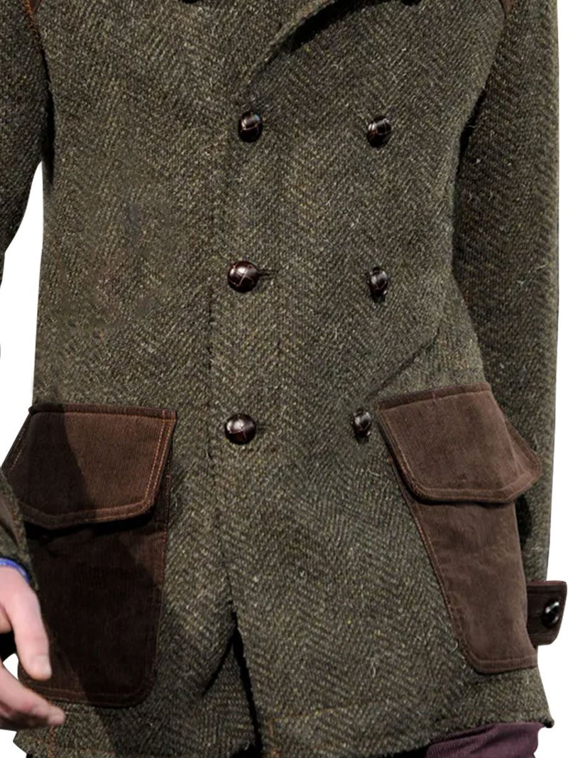 Vintage Herringbone Wool And Suede Patchwork Double-Breasted Casual Coat