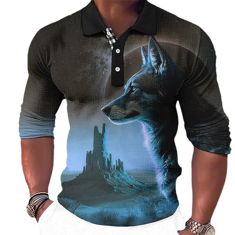 Men's Fashion Wolf 3d Printed Long Sleeve Polo Shirt 65969642YY