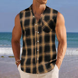 Men's Breathable Linen Lapel Beach Sleeveless Shirt 13374837YM