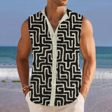 Men's Retro Geometry Lapel Beach Sleeveless Shirt 52827226YY