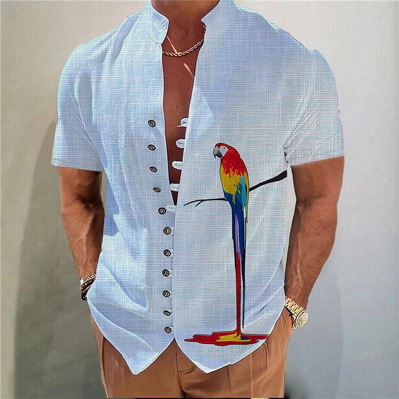 Men's Stand Collar Parrot Printed Short Sleeve Shirt 63591115YY