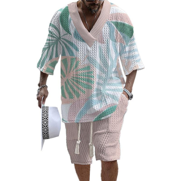 Men's Printed Short Sleeve Shorts Textured Set 87544829YY