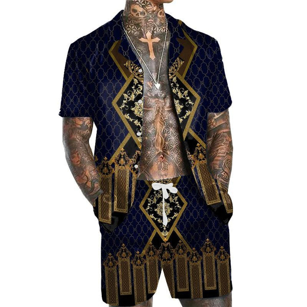 Men's Vintage Printed Shirt and Shorts Beach Set 25750919F