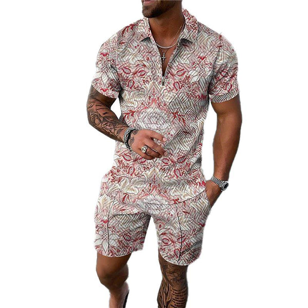 Men's Casual Printed Zipper Polo Short-sleeve and Shorts Suit 24381406YY