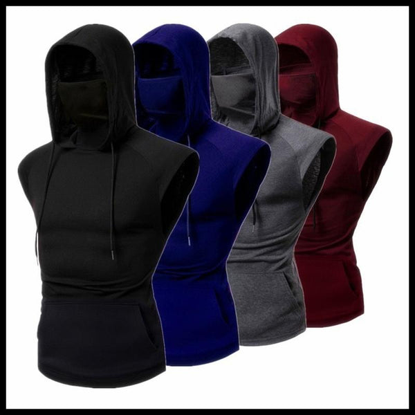 Men's Fitness Wear Hooded Solid Color Sleeveless Sports T-shirt with Face Mask 09667643L