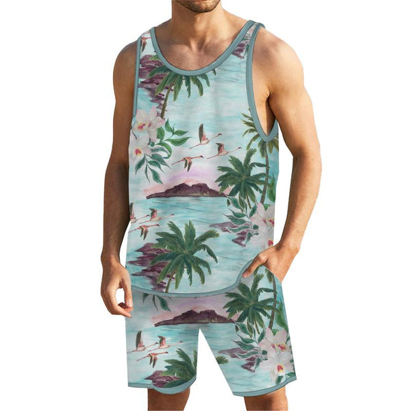 Men Tropical Floral Tank Hawaiian Beach Shorts Sets 96973163YY