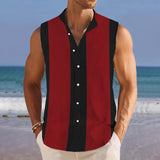 Men's Breathable Linen Lapel Beach Sleeveless Shirt 29241117YM