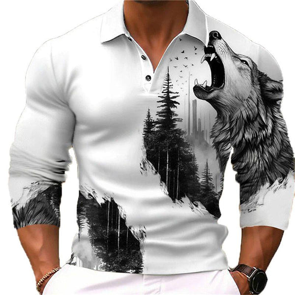 Men's Fashion Wolf 3d Printed Long Sleeve Polo Shirt 58496453YY