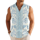 Men's Breathable Linen Lapel Beach Sleeveless Shirt 19267012YM