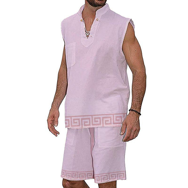 Men's Drawstring Collar Sleeveless Linen Shirt Shorts Set 52292650YM