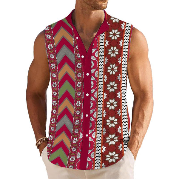 Men's Retro Printed Lapel Beach Sleeveless Shirt 85018866YY