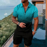 Men's Casual Printed Zipper Polo Short-sleeve and Shorts Suit 70259907YY