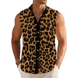 Men's Leopard Print Breathable Linen Lapel Sleeveless Shirt 90613567YM