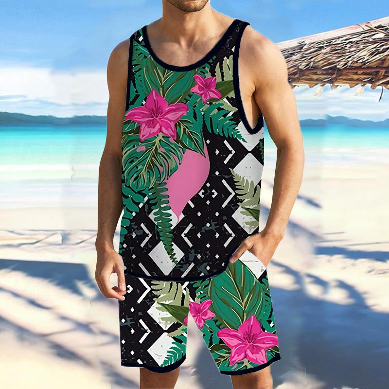 Men Tropical Floral Tank Hawaiian Beach Shorts Sets 00822056YY