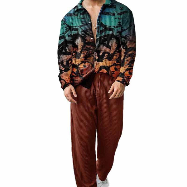 Men's Long-sleeved Lapel Printed Shirt Loose Sportswear Suits 47450539YY