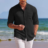 Men's Casual Linen Beach Long Sleeve Button Down Textured Shirt 55020878YY