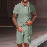 Men's Street Printed Zipper Polo Short-sleeve and Shorts Suit  43649971YY