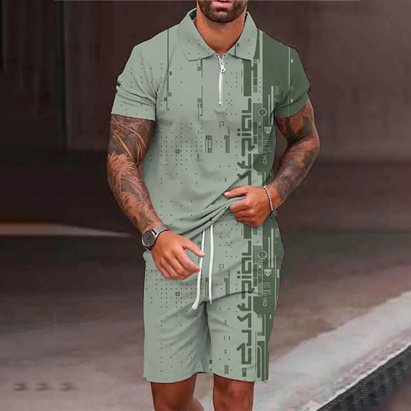 Men's Street Printed Zipper Polo Short-sleeve and Shorts Suit  43649971YY