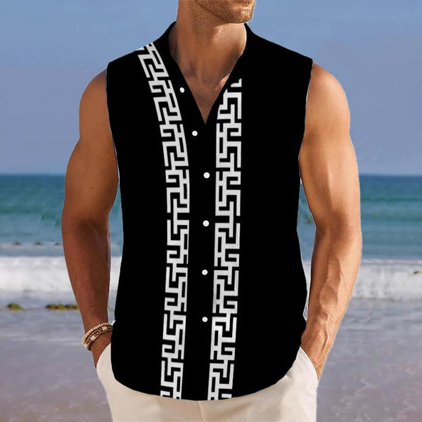 Men's Breathable Linen Lapel Printed Sleeveless Shirt 29969922YM
