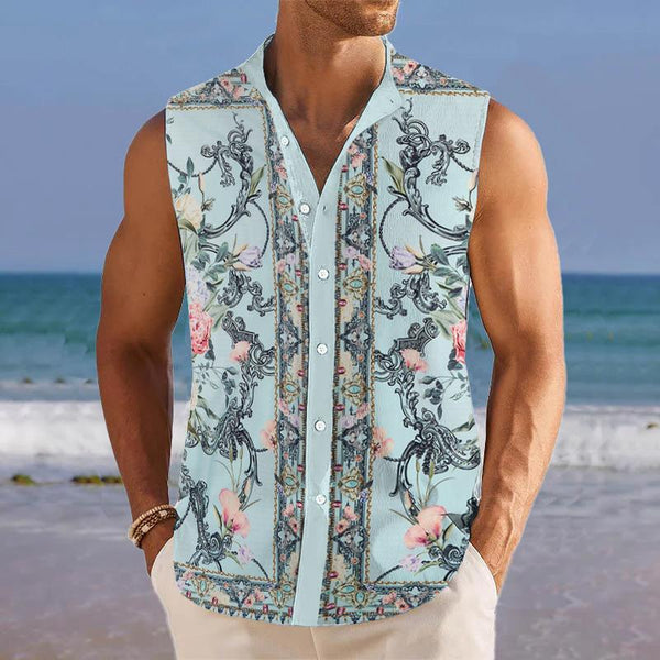 Men's Breathable Linen Lapel Beach Sleeveless Shirt 41445472YM