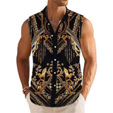 Men's Breathable Linen Lapel Beach Sleeveless Shirt 39546747YM