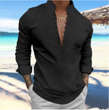 Men's Linen Casual Stand Collar Beach Long Sleeve Shirt 06439798YY