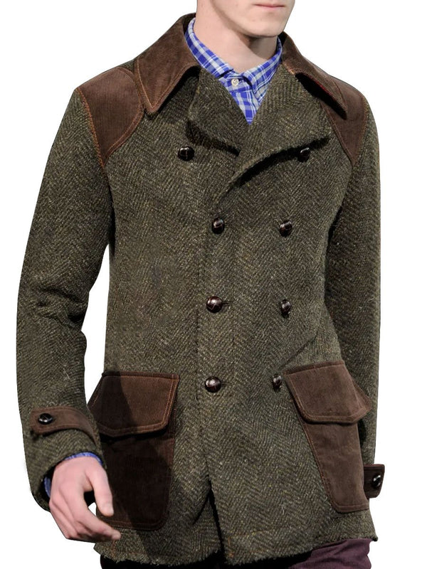 Vintage Herringbone Wool And Suede Patchwork Double-Breasted Casual Coat