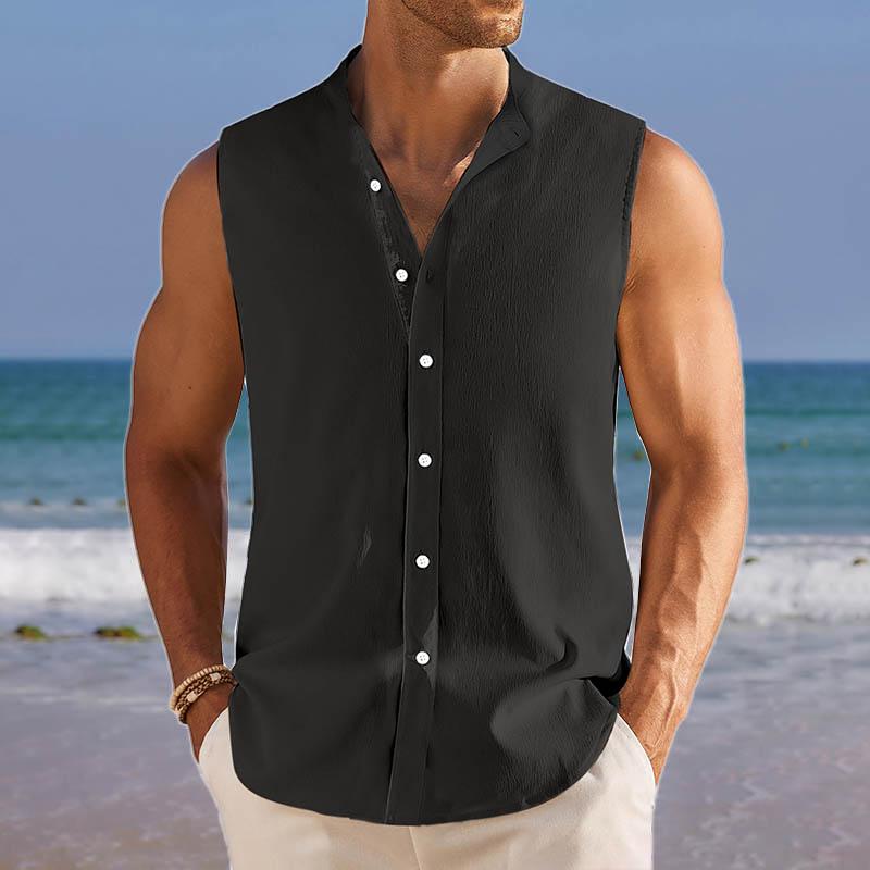 Men's Breathable Linen Lapel Beach Sleeveless Shirt 14895452YY
