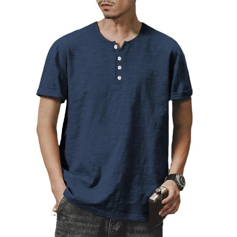 Men's Linen Henley Collar Summer Casual Short-sleeved T-shirt 97222428L