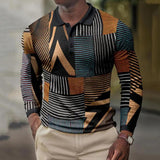 Men's Printed Lapel Button-Down Polo Long Sleeve T-Shirt 42647248L