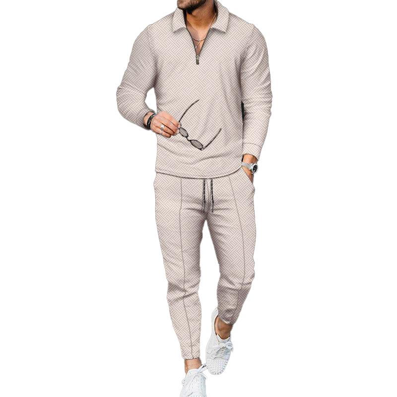 Men's Printed Zipper Lapel Long-sleeved Polo Shirt Set 95197785L