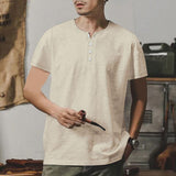 Men's Linen Henley Collar Summer Casual Short-sleeved T-shirt 97222428L