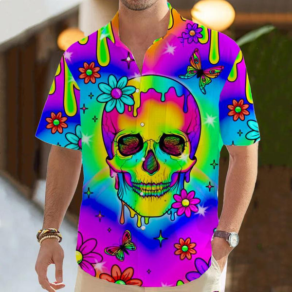 Men's Skeleton Printed Short Sleeve Pocket Shirt 09780065L