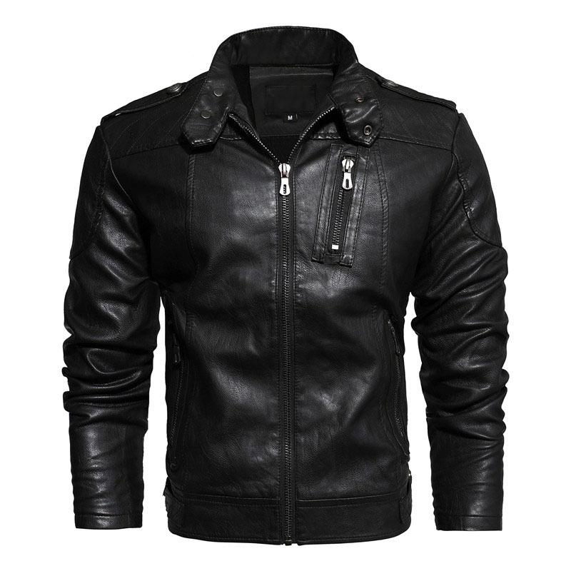 Men's Leather Jacket Stand Collar Vintage Motorcycle Style 33353503L