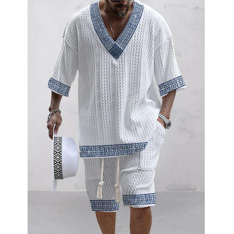 Men's Printed Short Sleeve Shorts Textured Set 13394674L