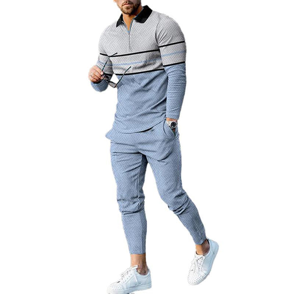 Men's Color-Block Print Long-Sleeved Polo Shirt Set 82257537L