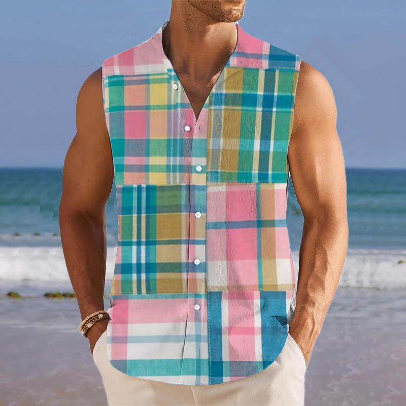 Color Block Printed Stand Collar Sleeveless Shirt 97338623L
