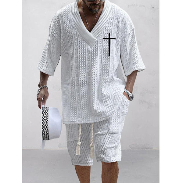 Men's Printed Short Sleeve Shorts Textured Set 27160144L