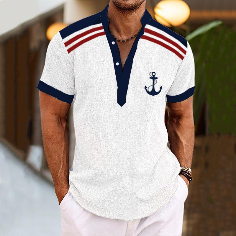 Men's Navigation Printed Henley Collar Short Sleeve Shirt 23137059L
