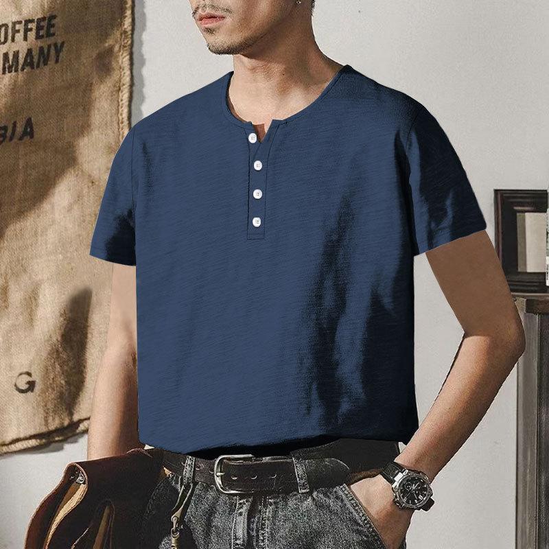 Men's Linen Henley Collar Summer Casual Short-sleeved T-shirt 97222428L