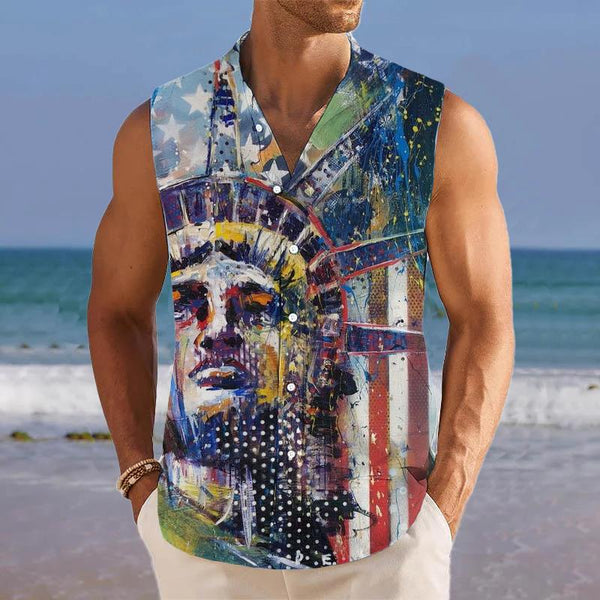 Statue of Liberty Printed Stand Collar Sleeveless Shirt Tank Top 23883854L