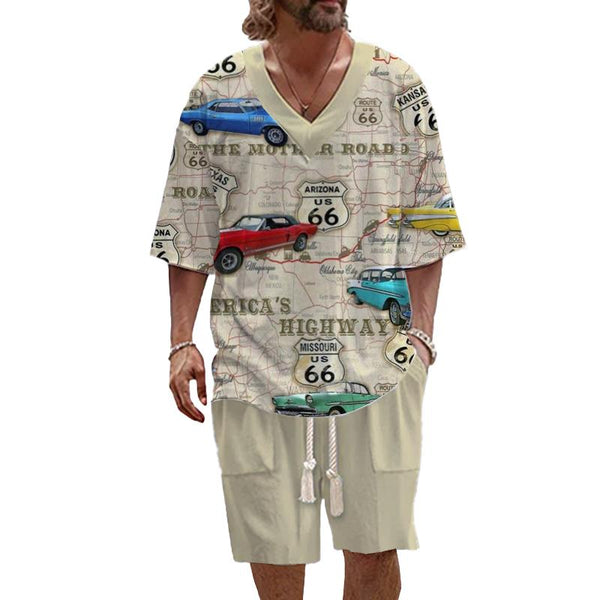 Men's Vintage Cars Route 66 Art Casual Printed Short Sleeve Set 46595319L