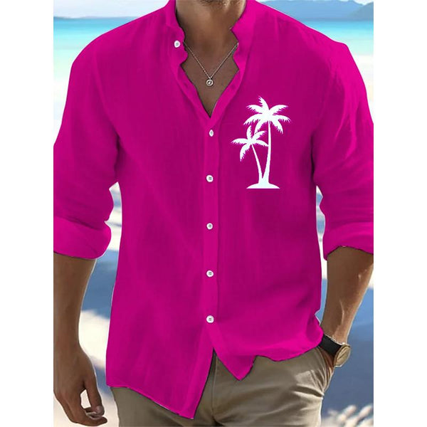 Men's Coconut Palm Printed Hawaii Vacation Stand Collar Casual Long Sleeve Shirt 43900204L