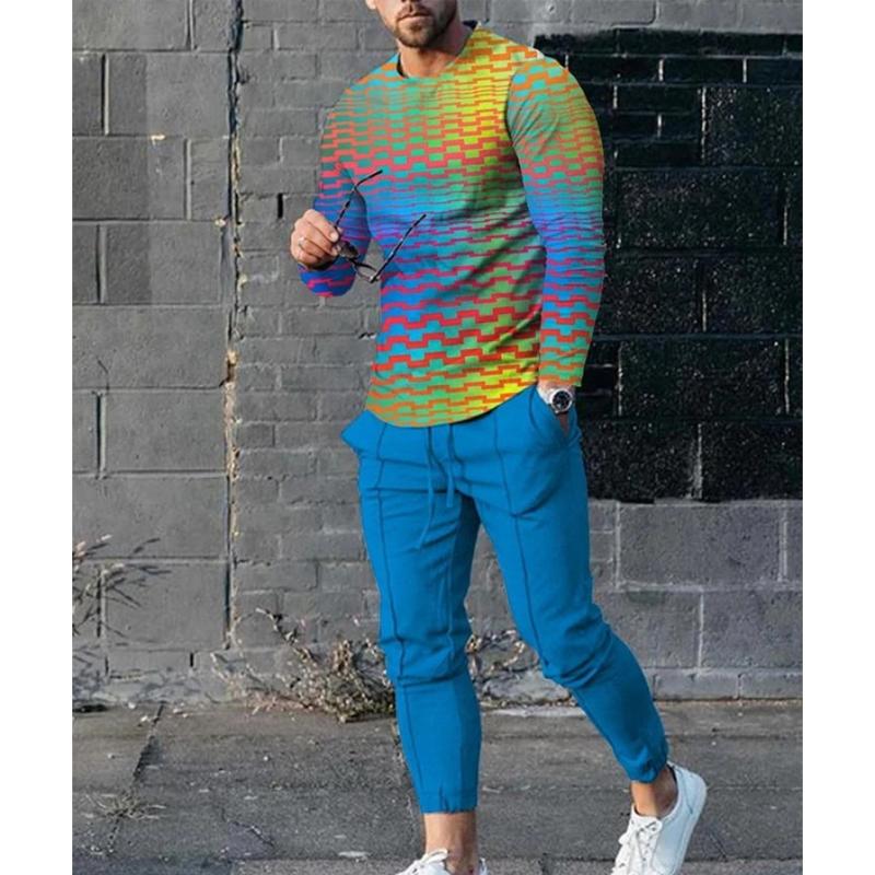 Men's Color-Block Print Long-Sleeved Polo Shirt Set 25556385L
