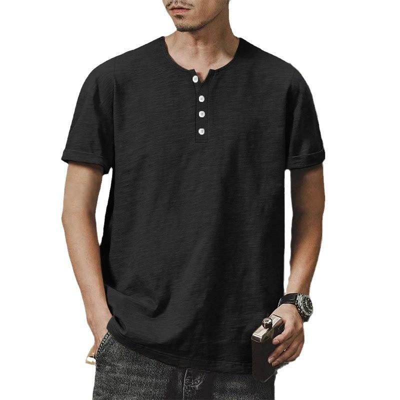 Men's Linen Henley Collar Summer Casual Short-sleeved T-shirt 97222428L