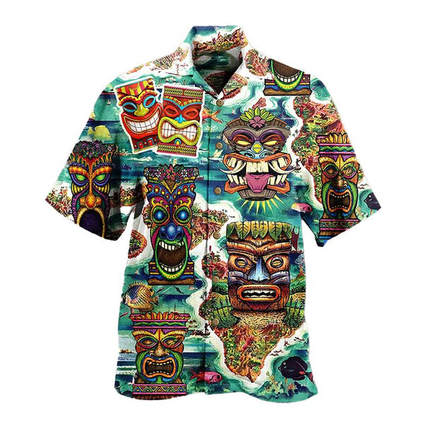 Men's Hawaiian Vacation Tiki Printed Casual Short Sleeve Shirt 94140699L
