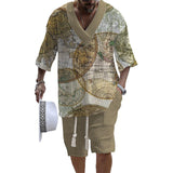 Men's Navigation Map Printed Short Sleeve Shorts Textured Set 75233980L