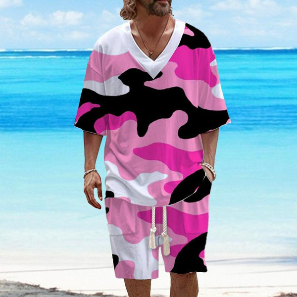 Men's Pink Camouflage Prints Art Casual Short Sleeve Set 07410089L